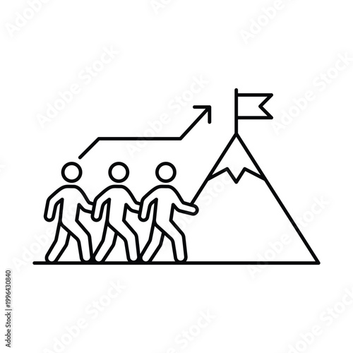 Team reaching goal on mountain top for success and achievement line icon