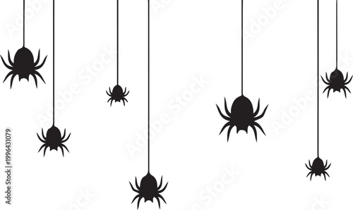 Minimalist black spider silhouettes hanging from threads for spooky halloween party design elements and wall art projects