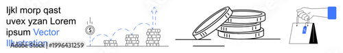 Financial growth, investment, e-commerce, marketing, business analytics, shopping trends. Coin stacks, upward graph and shopping bag in minimal design. Financial growth and investment concepts