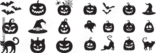 Set of black halloween icons featuring pumpkins ghosts bats cats and witch hats for seasonal decoration