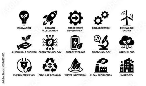 Sustainability and green technology icons arranged on white background