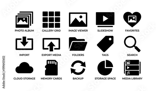Media management icons arranged in grid on white background