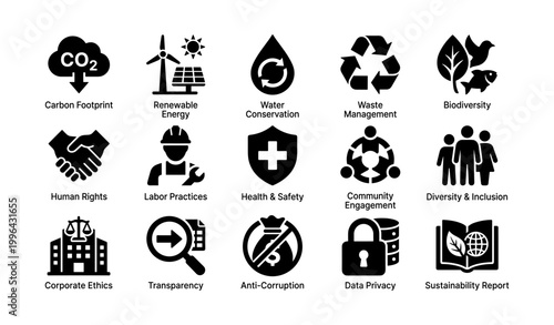 Sustainability and responsibility icons arranged on white background