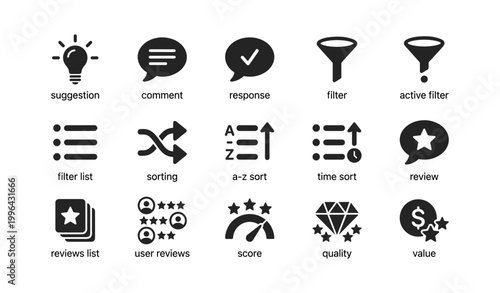 Feedback and review icons showing filters sorting and ratings