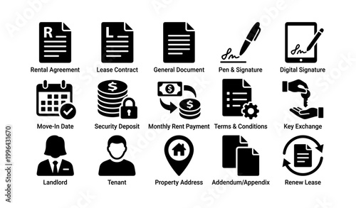 Rental and lease icons representing agreements and payments