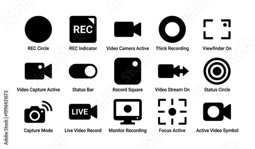 Recording icons showing video status indicators on white background