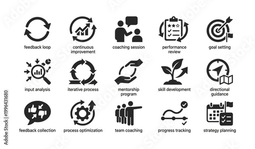 Coaching, feedback, and process icons shown on white background