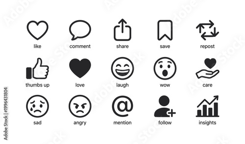 Social media icons showing reactions and actions on white background