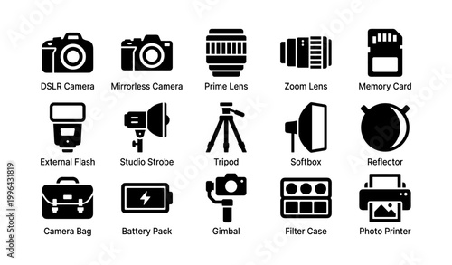 Photography equipment icons displaying bodies optics and accessories