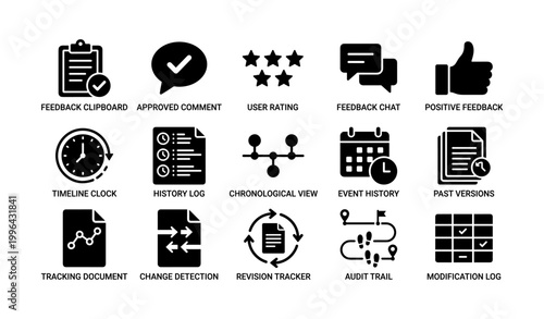Feedback and history icons showing audit and review symbols on white