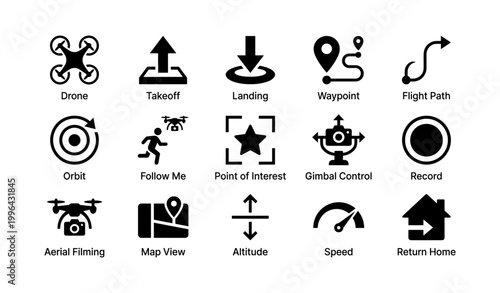 Drone icons showing flight controls and navigation on white background