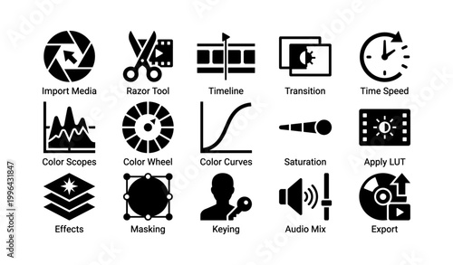 Video editing and color correction icons showing tools and controls