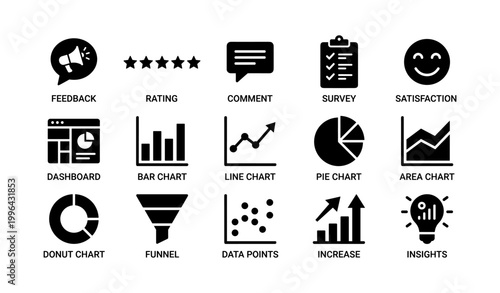Feedback and data visualization icons showing charts and ratings