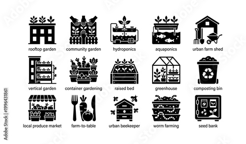 Urban gardening icons showing planting methods and composting grid