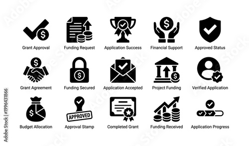 Grant and funding icons arranged in grid on white background