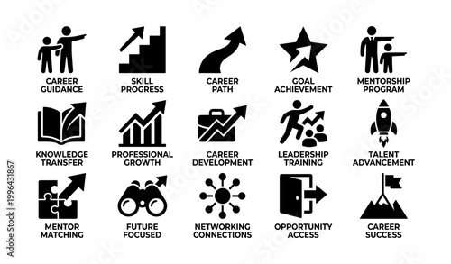 Career and mentorship icons displaying development on white background