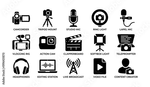 Media equipment icons arranged in grid on white background