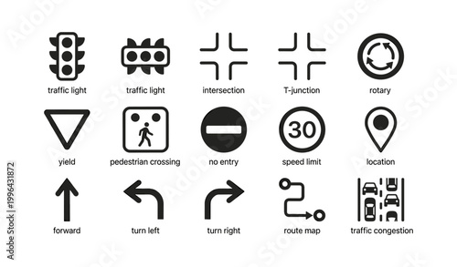 Traffic and road sign icons arranged in grid on white background
