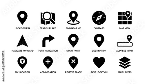 Navigation and location icons grouped in grid on white background