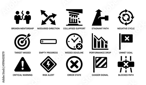 Problem and warning icons arranged on white background