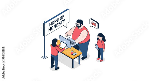 Isometric illustration of people working together with computers and a sign.