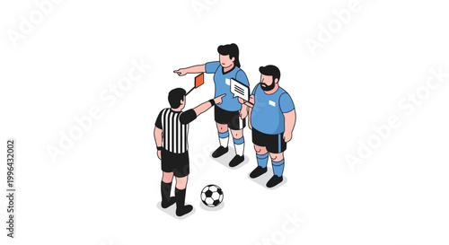 Isometric Illustration of Soccer Referee and Players in Action.