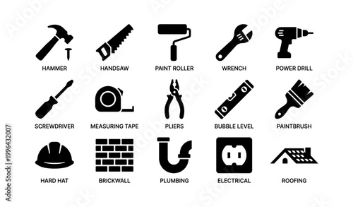 Tool icons showing construction tools and trades on white background