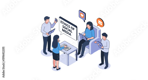 Isometric illustration of social media ethics discussion among colleagues.