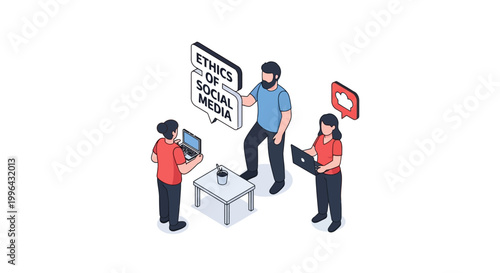 Isometric illustration of social media ethics discussion with laptops and speech bubbles.