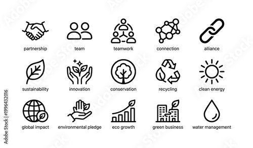 Line icons showing partnership and sustainability concepts on white