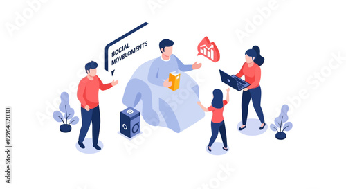 Isometric illustration of social movements with diverse people and technology.