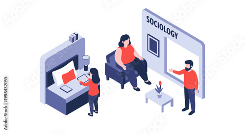 Isometric Illustration of Sociology Class and Students Studying Together.