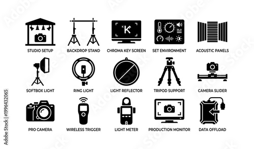 Photography production equipment icons arranged in grid on white