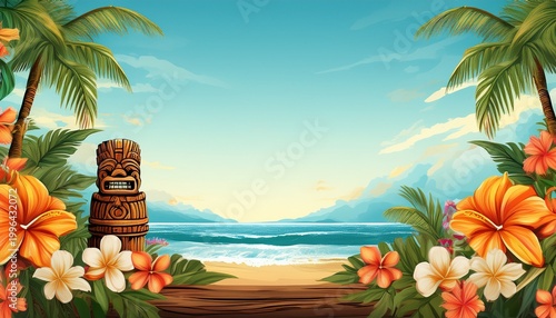hawaiian tiki beach border for a custom message or design background photo backdrop ocean waves flowers palm leaves polynesian carved statues luau invitation