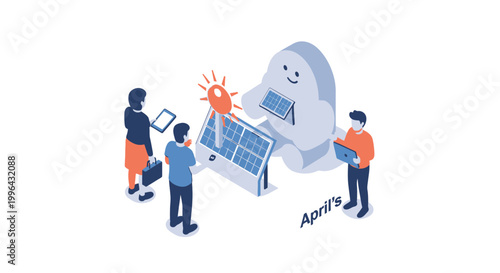 Isometric illustration of solar panel installation with people and robot.