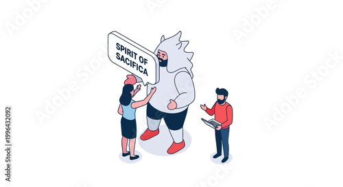 Isometric Illustration of Spirit of Sacrifice with People Interacting.