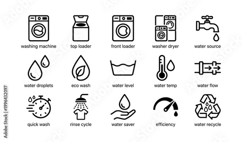 Laundry and water conservation icons arranged in grid layout