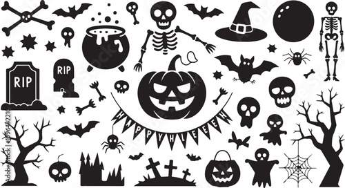 Set of festive halloween holiday elements featuring pumpkins skulls bats and other spooky celebration icons