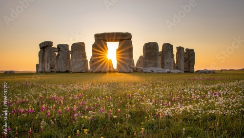 Stonehenge ancient monument at sunrise with a glowing sunburst between the megalithic stone structures