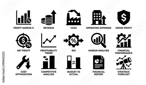 Financial and performance icons shown on white grid background