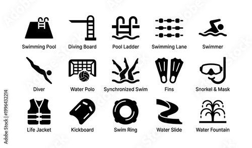 Swimming and pool symbols arranged in a grid layout