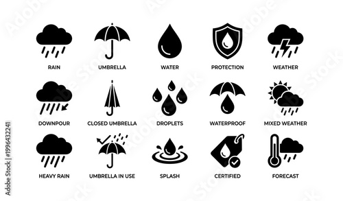 Weather and water icons arranged in grid on white background