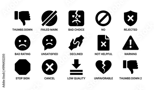 Negative feedback and rejection icons arranged in grid layout