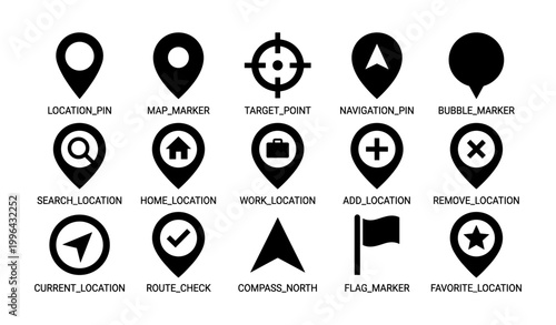Map and navigation pin icons arranged in grid on white background