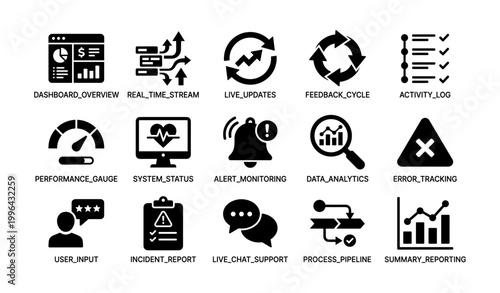 Monitoring and analytics icons arranged in grid interface