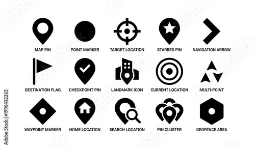 Map and location icons showing pins navigation and geofence
