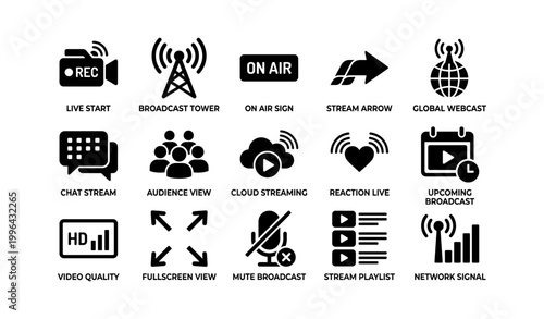 Broadcast and streaming icons arranged in grid layout