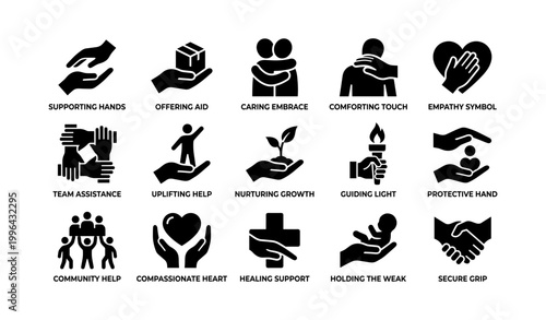 Helping and support icons showing hands and community symbols