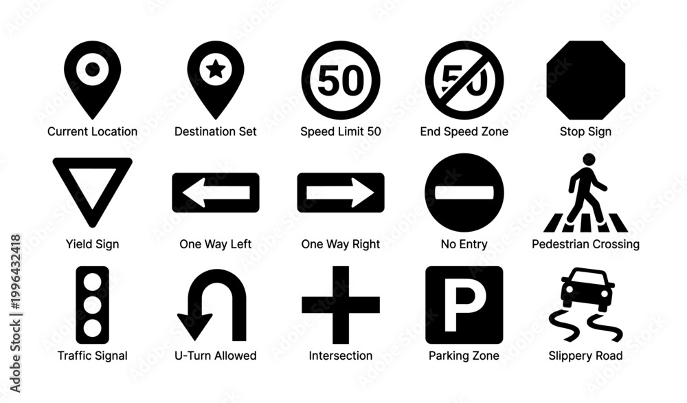 Fototapeta premium Collection of road signs and navigation icons on white background