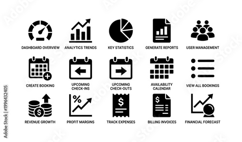 Dashboard icons illustrating analytics bookings and financial reports